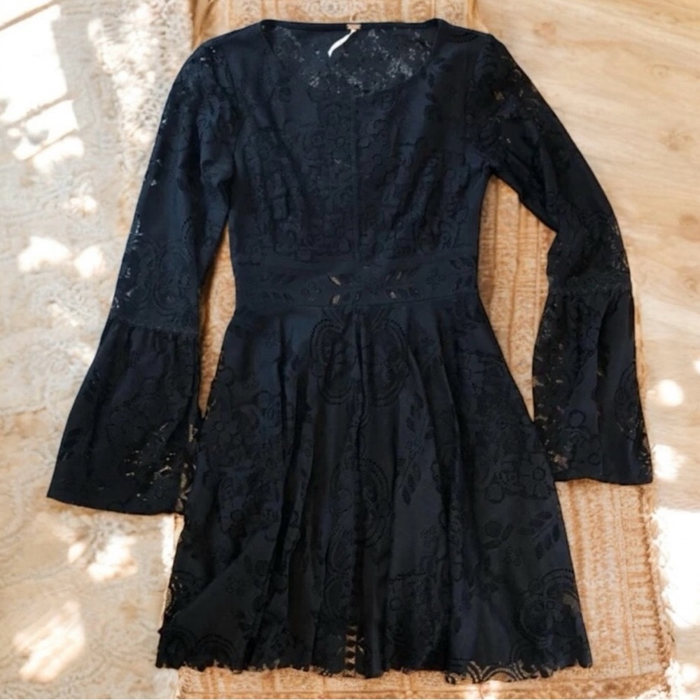 Free People Black Lace Boho Long Sleeve Dress Size 4